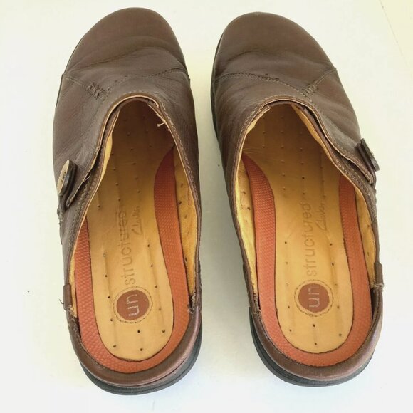 Clarks Unstructured Slip On open back Comfort Loafer Mule Shoes Brown Leather 8M - Picture 2 of 9